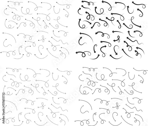 Arrow icon set. Hand drawn black line doodle arrow, curve arrow vector collection. Sketch curved dashed arrows design isolated on transparent background. Direction shape for web and app.