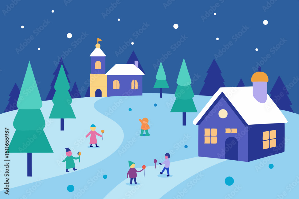 Fototapeta premium cartoon snowy village square with decorated trees .svg