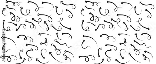 Arrow icon set. Hand drawn black line doodle arrow, curve arrow vector collection. Sketch curved dashed arrows design isolated on transparent background. Direction shape for web and app.