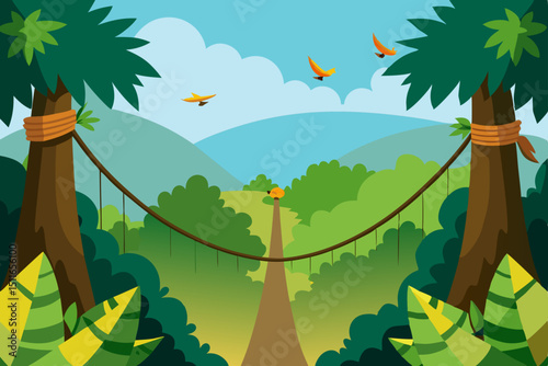 cartoon treetop walkway in a jungle with rope brid 