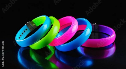 Neon Plastic Bangles Stacked on Reflective Black Surface