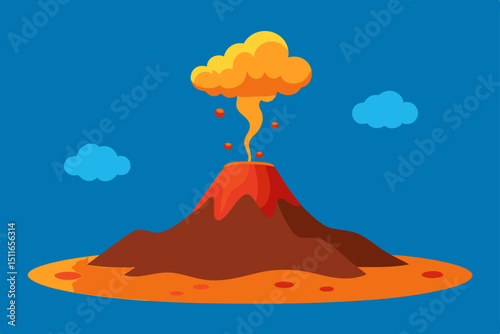 cartoon volcanic island with lava flows  smoke 