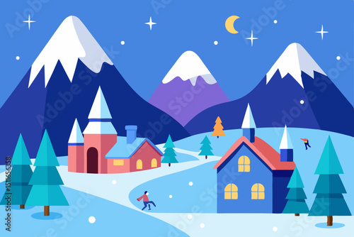 cartoon winter mountain village with snow covered .svg