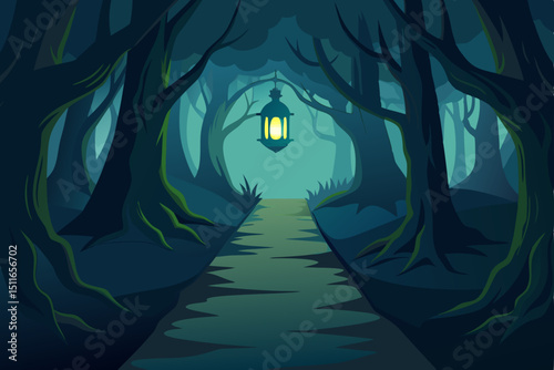 enchanted lantern lit path through ancient woods 