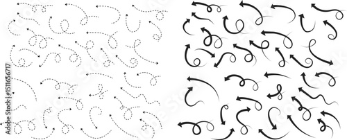Arrow icon set. Hand drawn black dotted line doodle arrow, curve arrow vector collection. Sketch curved dashed arrows design isolated on transparent background. Direction shape for web and app.