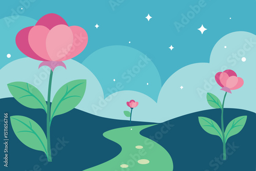 fairy tale flower field with giant blossoms  soft 