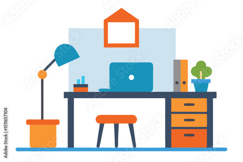 Home office with desk laptop and chair in modern workspace setting vector art illustration