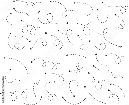 dot arrow icon set. Hand drawn black dotted line doodle arrow, curve arrow vector collection. Sketch curved dashed arrows design isolated on transparent background. Direction shape for web and app.