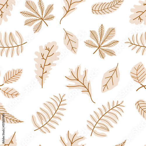 Seamless pattern of autumn leaves in beige colors. Vector monochrome illustration. Maple, oak and rowan leaf, acorn, background for fabric, wallpaper or gift wrapping print.