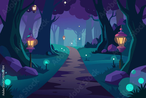 fantasy glowing forest path with sparkling dust 