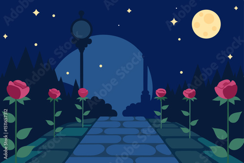 fantasy moonlit garden with glowing roses  twinkli