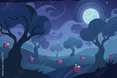 fantasy moonlit orchard with glowing apples 