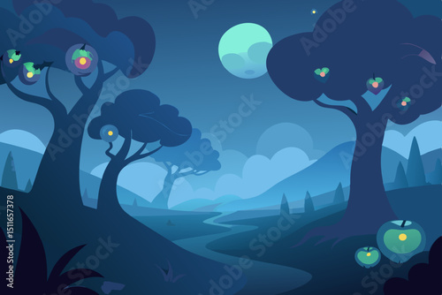 fantasy moonlit orchard with glowing apples 