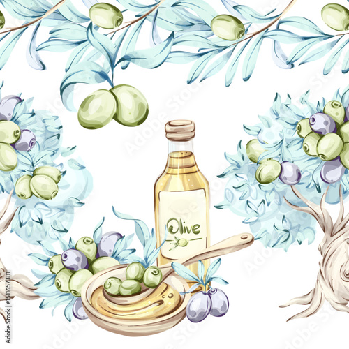 Olives and olive oil framed by nature in a seamless pattern celebrating the beauty of Italian cuisine and healthy eating through watercolor illustrations