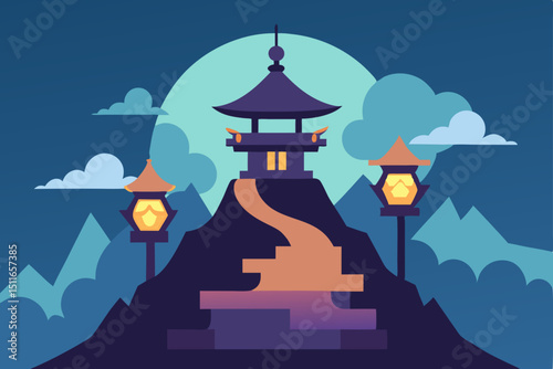 fantasy mountaintop shrine with lanterns  sacred 