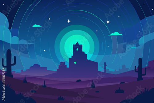 fantasy night desert with glowing cacti  star 