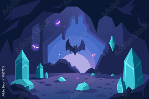fantasy scene of a glowing cave with crystals  bat 