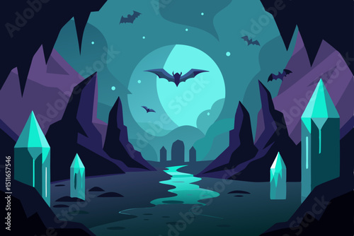 fantasy scene of a glowing cave with crystals  bat.svg