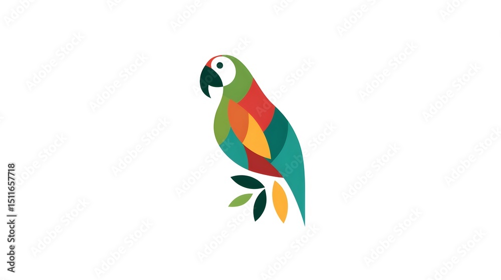 Fototapeta premium Playful parrot logo, stylized beak and feather shapes, tropical color palette, white background