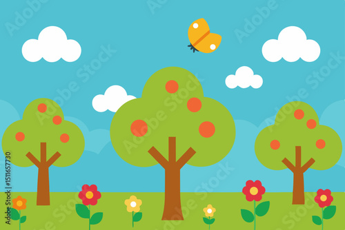 flat vector orchard in bloom with apple trees  but.svg