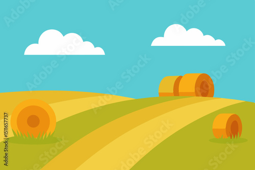 flat vector rural field with hay bales  tractor 