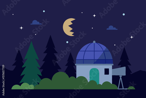 forest observatory at night with telescope dome 