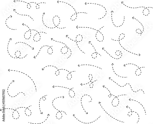 dot arrow icon set. Hand drawn black dotted line doodle arrow, curve arrow vector collection. Sketch curved dashed arrows design isolated on transparent background. Direction shape for web and app.
