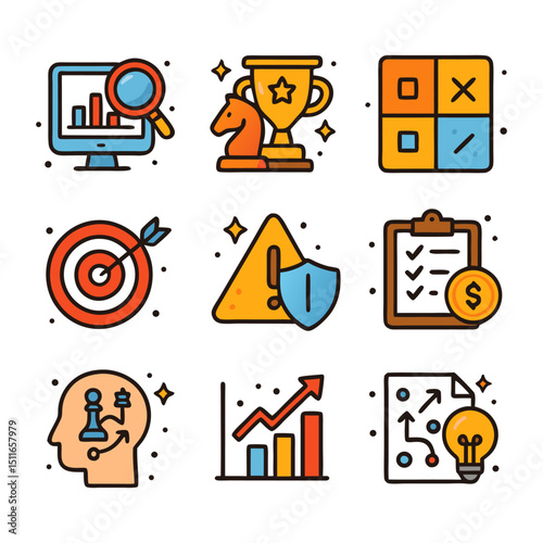 Nine business icons suitable for websites, presentations, and marketing materials. Including briefcase, pie chart, globe, and more.