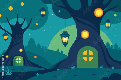 magical tree hollow village with glowing windows   