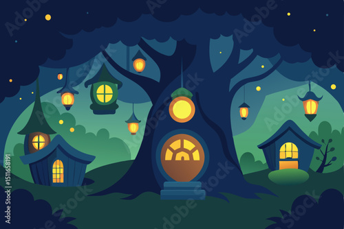 magical tree hollow village with glowing windows  .svg