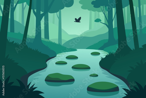 misty forest stream with stepping stones  mossy 