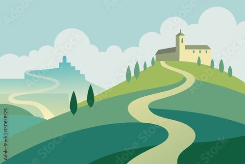misty hilltop vineyard with winding paths  old 