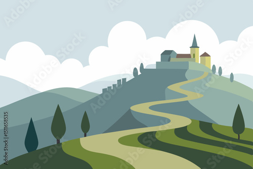 misty hilltop vineyard with winding paths  