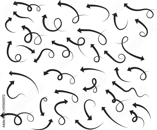 Arrow icon set. Hand drawn black line doodle arrow, curve arrow vector collection. Sketch curved dashed arrows design isolated on transparent background. Direction shape for web and app.