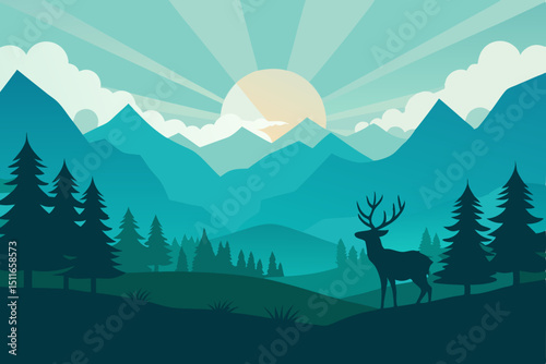 misty mountain valley with grazing deer  pine fore.svg
