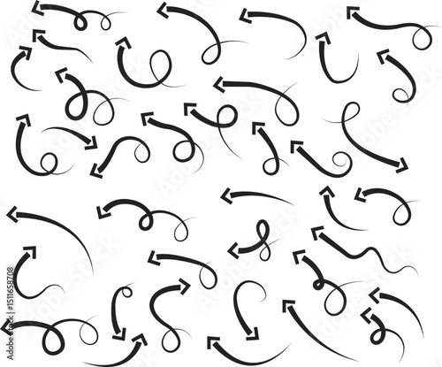 Arrow icon set. Hand drawn black line doodle arrow, curve arrow vector collection. Sketch curved dashed arrows design isolated on transparent background. Direction shape for web and app.