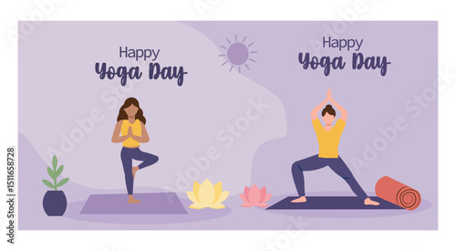 Happy Yoga Day Vector Banner Templates Set - People in Yoga Poses-03