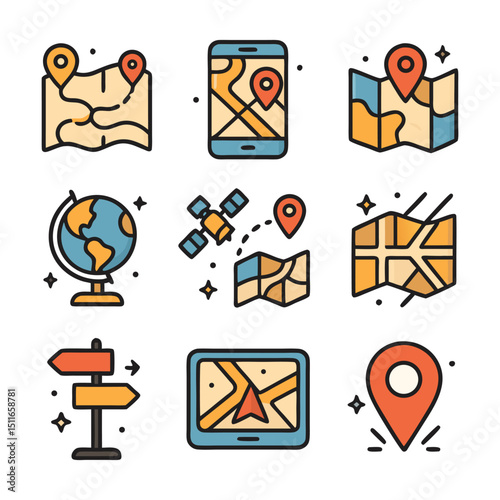 Icons related to location and navigation. Suitable for websites, apps, and graphics needing map or GPS elements visually.