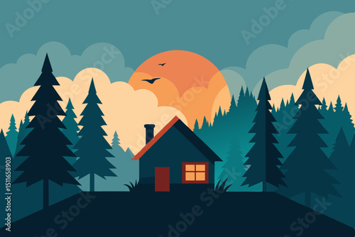 peaceful forest cabin at sunrise with smoke rising 