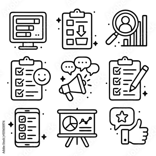 Contains nine line drawings of business icons perfect for infographic design, presentations, websites, and marketing materials. Suitable for modern business visuals.