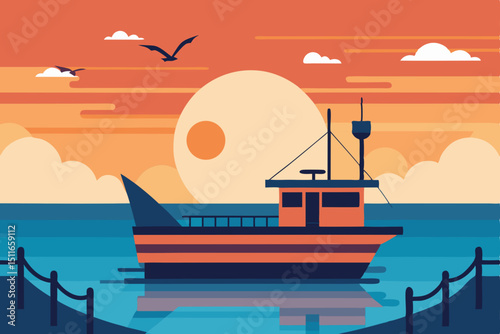 peaceful ocean dock scene with a fishing boat  sea