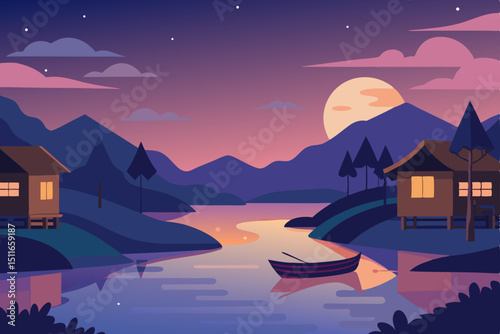 peaceful river delta at dusk with fishing huts 