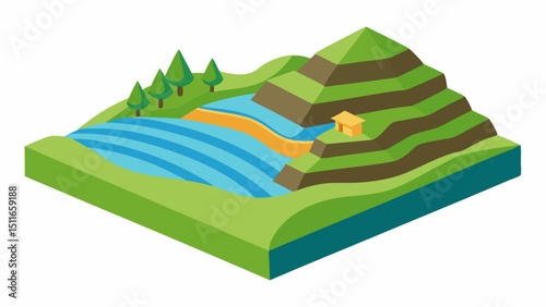 Isometric River Valley with Terraced Hills Vector Illustration
