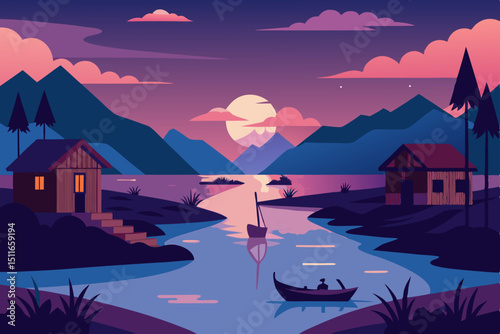 peaceful river delta at dusk with fishing huts  
