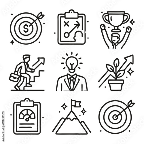 Business goal vector nine business icons related to success combined title business goal vector nine icons depict key elements of success.