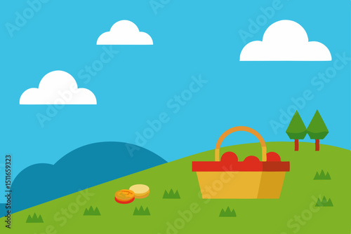 peaceful spring hill scene with a picnic blanket   