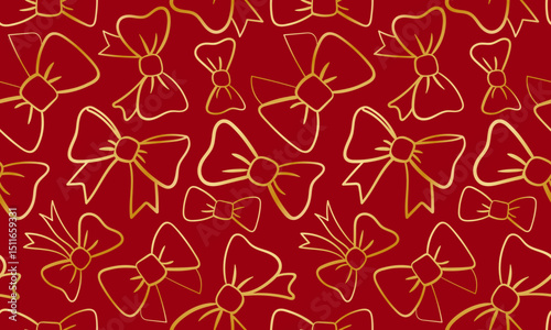 seamless gold outline bows pattern cherry red background festive luxury texture for christmas holidays