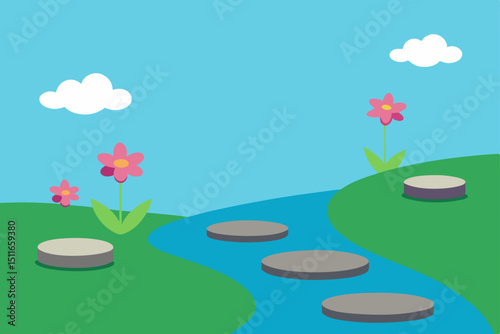 peaceful springtime river crossing with stepping 