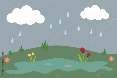 rainy meadow with wildflowers swaying  puddles 