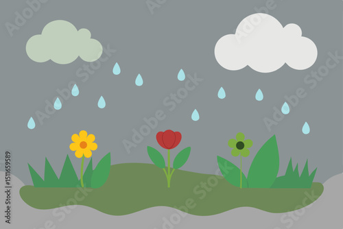 rainy meadow with wildflowers swaying  puddles 